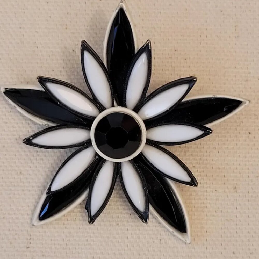 Vintage Floral Black White Opaque Rhinestone Brooch Pin